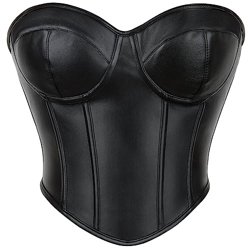 SHYMMUO Black Corset Tops for Women Leather Strapless Lace Up Bustier S