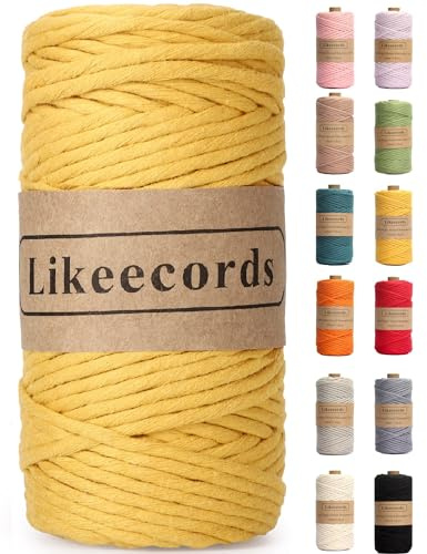 Likeecords Single Twisted Makramee Garn 4mm x 80m, Baumwollseil, Gelb, Makramee-Schnur, Kordel