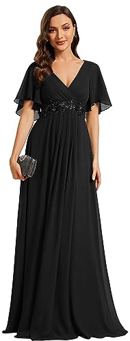 Ever-Pretty Vestito Donna Elegante Scollo a V Maniche a Volant Stile Lungo Abito Cerimonia Donna Nero 52