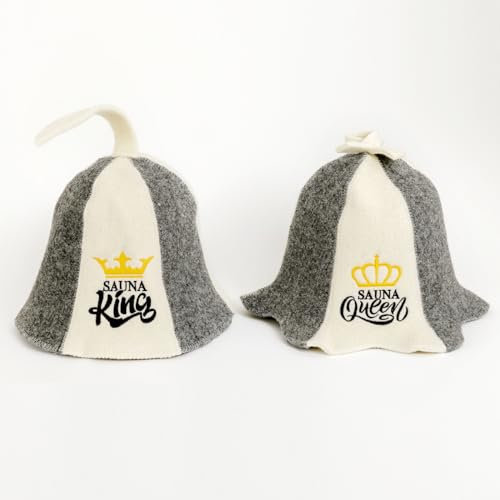 Sauna Guru Sauna Hat 'Sauna King and Queen' White - 100% Organic Wool Felt Hats for Russian Banya - Protect Your Head from Heat - English Sauna eBook Guide Included - with Embroidery