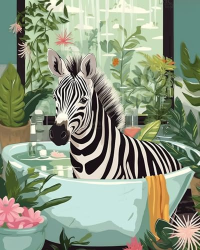 Malen nach Zahlen für Erwachsene, Badezimmer, Tiere, DIY, digitales Ölgemälde, Acrylfarbe, Zebra-Malerei, Leinwand, Wandkunst, grüne Blätter, Badewanne, Dschungel, lustige Raumdekoration, 50,8 x 40,6
