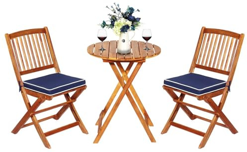 COSTWAY 3-TLG. Möbler för utemöbler i set, vikbart med runt bord och 2 stolar, ergonomisk sits av akaciaträ med 2 kuddar, bistroset för balkong, trädgård, terrass, bakgård (blå)