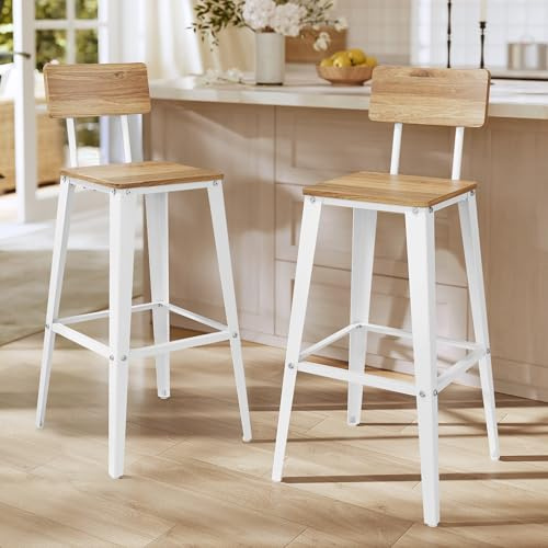 VASAGLE Tabouret Bar Industriel, Lot de 2, Chaise Bar Cuisine, avec Dossier, Cadre en Acier, Montage Facile, Style Industriel, Marron Blé et Blanc Nuage LBC078K01