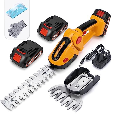 LUXBIRD Tagliasiepi elettrico 21 V, 2 in 1, tagliasiepi elettrico senza fili, IP67, impermeabile, con 2 lame intercambiabili e 2 batterie ricaricabili, giallo