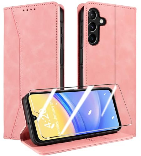 QHOHQ Handyhülle für Samsung Galaxy A15 4G/5G Hülle mit Panzer Folie, Premium Leder Schutzhülle, [RFID Sperrung Schutz], Magnet Klappbar Flip Case Tasche, Multifunktional, Stoßfest (Traum)-Rosa