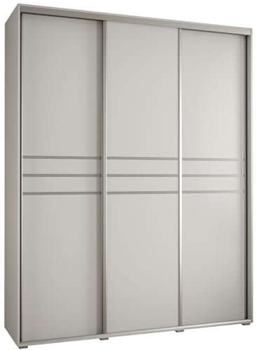 MEBLE KRYSPOL Cannes 10 Moderner Schrank mit 3 Schiebetüren mit Stange, Regale - Aufbewahrungsschrank für Schlafzimmer, Wohnzimmer - 205,2x200x60 cm - Weiß Weiß Silber