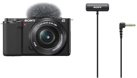 Sony Alpha ZV-E10 | APS-C spiegellose Vlog-Kamera (schwenkbarer Bildschirm für Vlogging & ECM-LV1 Ansteckmikrofon mit Stereo-Tonaufzeichnung, Schwarz