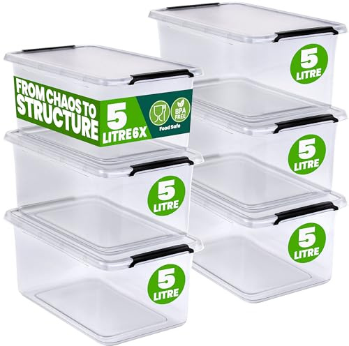 Deuba® 6x 5 Litre Storage Boxes with Lids and Handles | Click Lock | Home and Kitchen, Office | Christmas Decorations, Shoe Storage, Dog Food Storage | Tool Box, Moving Boxes