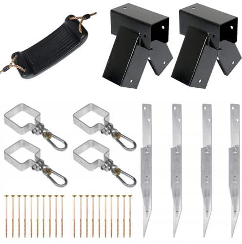 Gartenschaukel - Kinderschaukel-Montageset 2 x Verbindungsstücke 90° 2 x 2 Schaukelschellen mit Karabinern und Beschlägen für Vierkantholz 4 Bodenanker 20 x Holzschrauben 8x80 TORX 1 x Schaukelsitz