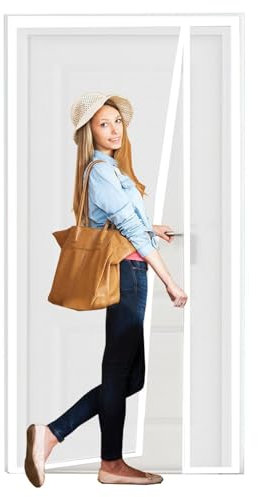 Linke Rechts Öffnung Fliegengitter Tür Magnet, 85x200cm, Insektenschutz Fliegenvorhang mit Selbstklebendes Klettband für Balkontür Ohne Bohren, Weiß