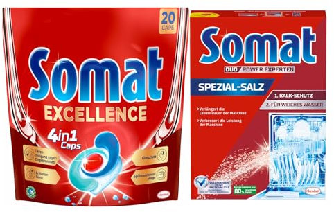 SOMAT 4in1 Caps 20 AW Excellence, schnellauflösende Spülmaschinentabs, Somat Caps für exzellente Reinigung & Glanz sogar im Eco-Programm + Somat Duo Power Experten Spezial-Salz 1,2kg