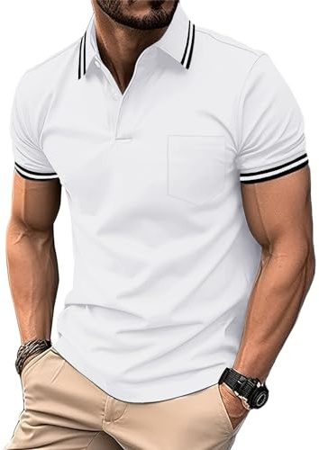 zitysport pikétröja män kortärmad skjorta andningsaktiv golf polo tröja män sommarskjortor sport basic slim fit t-shirt med bröstficka pikétröja, 4036-vit svart, 3XL