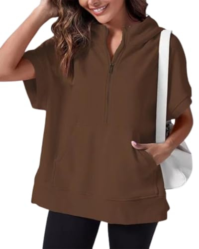 QKCQQTS Felpe con cappuccio a maniche corte casual oversize da donna con mezza zip e tasca, pullover con felpe estive alla moda con cerniera (M,Brown)
