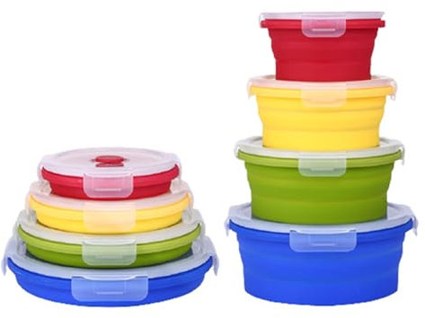 RoseFlower 4PCS Collapsible Bowl Sets, Portable Round Silicone Collapsible Bowls for Camping, Camping Dishes with Lids for Dishwasher, Freezer, Microwave Safe Containers, Camping Essential