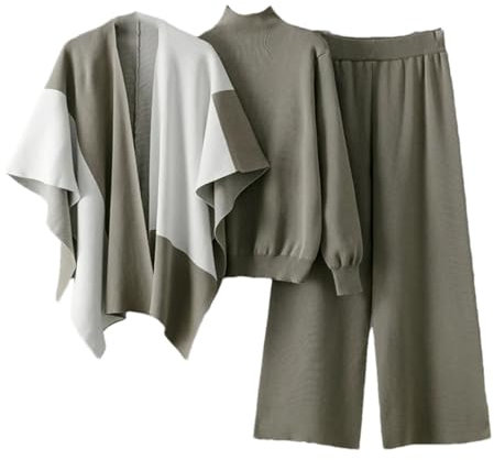 Dreiteiliges Strickset für Damen, Pullover, Strickschal und Hose mit weitem Bein, grau, Einheitsgröße