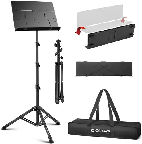 CAHAYA Foldable Sheet Music Stand Heightened to 170CM - Matte Black Material Not Easy to Leave Fingerprints and Three Fold Panel for Portability and Horse Shoe for Enhanced Stability with Bag