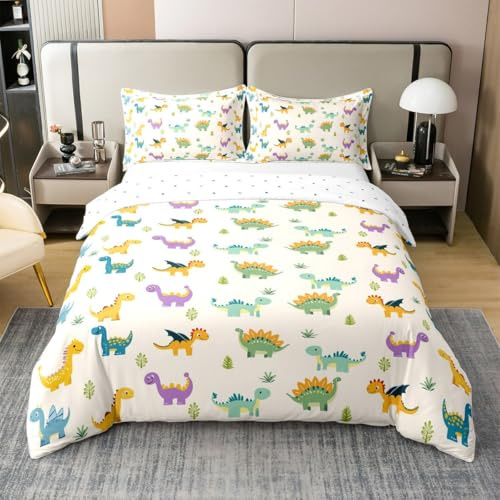 Manfei Kawaii Dinosour 100% Natural Cotton Bedding Set King Size Cartoon Animals Duvet Cover for Kids Boys Girls Bedroom Watercolor Trees Plant Comforter Cover with 2 Pillowcases(No Comforter)