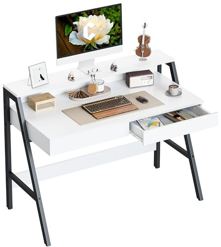 CubiCubi Computertisch mit 2 Schubladen, 120 cm Homeoffice-Schreibtisch mit Monitorständer, Arbeitstisch, Weiß