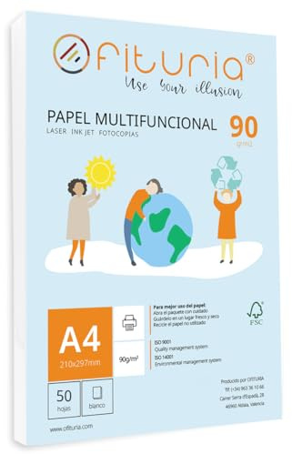 A4-Papier, 90 g, mit 50 weißen Blättern, multifunktionales Papier für Schule und Arbeitsumgebung. Ideal für Laserdrucker, Inkjetdrucker oder Kopierer. Ofituria