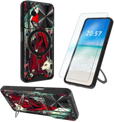 ETLKJVBL for iPhone 15 Plus Case, 360 Degree Rotating Ring-Shaped Kickstand, Slide Camera Lens Cover, Red Riding Hood and Wolf Shockproof Protective Case for iPhone 15 Plus