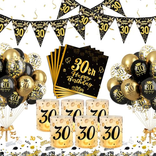 YEJIKJ Deko 30. Geburtstag Mann, 30 Geburtstag Tischdeko Mann Frauen,30. Schwarz Gold Deko Luftballons,30 Jahr Happy Birthday Partydekorationen Set mit Windlicht Konfetti Servietten Banner