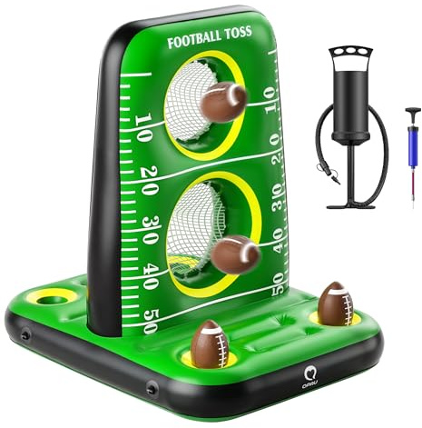 QPAU Inflatable Football Toss Game for Pool – Water Football Target with 4 Balls & 2 Pumps, Dual Net Design, Stable Base, Summer Pool Game for Kids & Adults