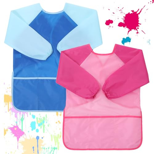 oruola 2 Pcs Kids Aprons for Painting,Kid Painting Apron,2 Colors Apron for Kids,Artist Smock for Toddler Age 5-8 with Long Sleeve and 3 Pockets for Kid Paint Cooking Baking(Blue and Pink)