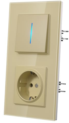 MVAVA Interruptores Conmutador con Garfio,Interruptor pared con Cristal,Basculante Con Pilotitos LED,Fácil Instalación,Conectores de Resortes,1 Gang 2 Vía con Enchufe,157mm Oro