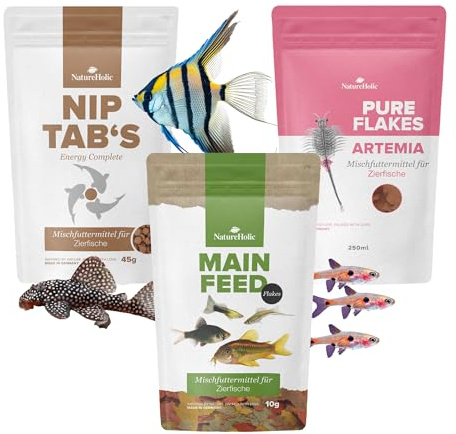 NatureHolic Fisch 'Alles-drin-Paket' | Aquarium Fischfutter Mix | Flakes, Flocken und Hafttabletten | Komplettset für gesunde, farbenprächtige Zierfische | Mit Omega3, Artemia & Vitaminen
