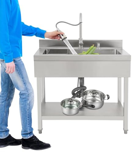 Edelstahl Spültisch,Freistehende Küchenspüle,Wäschespüle,90x60x90cm Extra große Einzelspüle,Gewerbliche Spülbecken mit Ausziehbare Wasserhahn und Abtropfkorb für Waschküche,Restaurants (Silber)