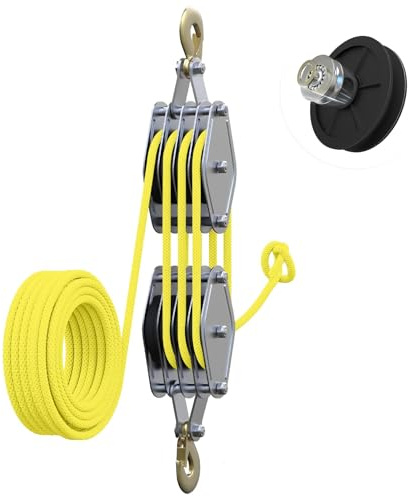 Block and Tackle 4400 LB Breaking Strength Heavy Duty Pulley, 65 Ft Rope Pulley, Upgraded Metal Bearing, 7:1 Lifting Power Pulley System, Pulley Hoist for Lifting Heavy Objects(Yellow)