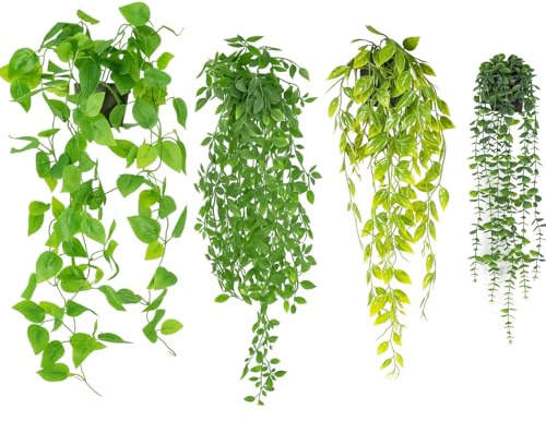 M.J COMFY-LIFE Artificial Hanging Plants with Pots Fake Ivy Vine Trailing Plants UV-Resistant PE Faux Greenery for Indoor Outdoor Home Decor Wall Patio Shelf and Office Decoration (Green 4Pcs)