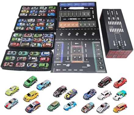 Mini-Maschine – 48 Stück Fahrzeuge aus Metall mit eingebauter Garage, Druckgussauto aus Metall für Rennsport | für Weihnachten, Geburtstag, Reisen, Klassenzimmer, Party, Spiele, Aktivitäten