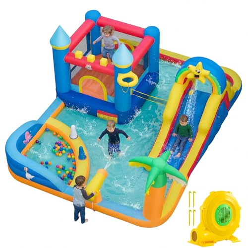 COSTWAY Inflatable Water Park, Kids Bouncy Castle Jumper House with Slide, Climbing Wall, Water Cannons, Basketball Hoop, Outdoor Blow Up Bounce House for 3+ Years Old (Beach Themed with Blower)