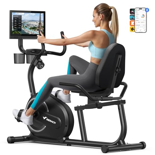 MERACH Liegeergometer für Zuhause mit 8-stufigem Magnetwiderstand, leiser Heimtrainer Fahrrad mit Smart Bluetooth, App-kompatibel, LCD-Display, Herzfrequenzsensoren, verstellbare Rückenlehne, S08/S23