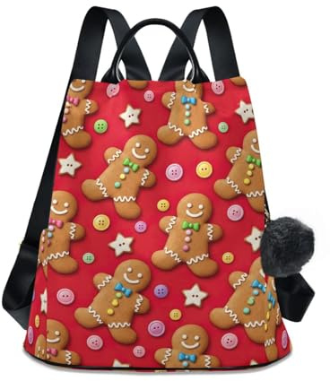 Zaino da viaggio con stampa antifurto, motivo biscotti di pan di zenzero, con manico in pelle, colore: rosso