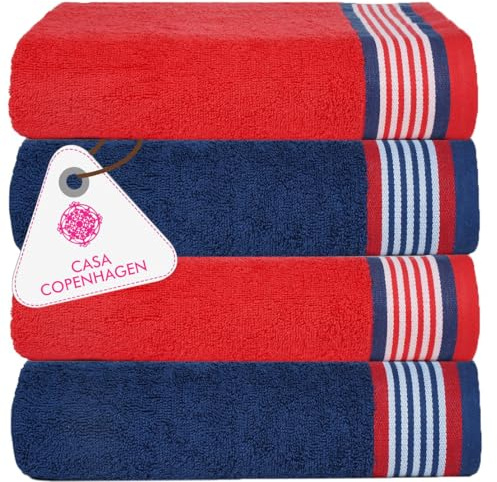 Casa Copenhagen He & She 4 teiliges Badetücher Set - Amerikanisch Blau–Rot, 550 g/m², 4 teiliges Badetücher, Baumwolle Handtüchern Rau und zäh Einsatz, Geschenkset für Badezimmer
