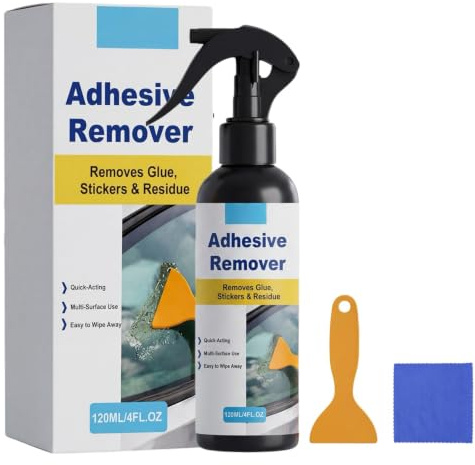 120ml Powerful Adhesive Remover Spray&Scraper Kit,Glue Remover,No Residue | for Glass,Wood,Tile&More,Surface-Safe Sticker,Label,Gum&Silicone Remover Spray,No Damage,Includes Plastic Scraper&Towel