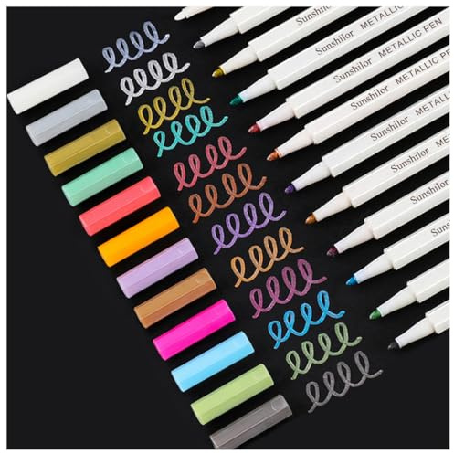Sunshilor Metallic Markers Fine Point Metallic Marker Pens for Black Paper, Rock Painting, Easter Egg, Halloween Pumpkin, Card Making, Metal, Ceramic, Wine Glass, Set of 12