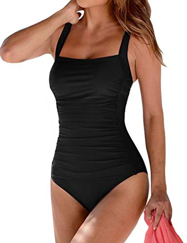 Upopby Women's Vintage Padded Push up One Piece Swimsuits Tummy Control Bathing Suits Plus Size Swimwear Black 14