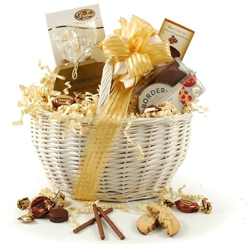 Golden Chocolate Hamper | Luxury Sweet Treats Gift Basket with Artisan Belgian Truffles, Award-Winning Biscuits & Caramels | Reusable White Wicker Hamper