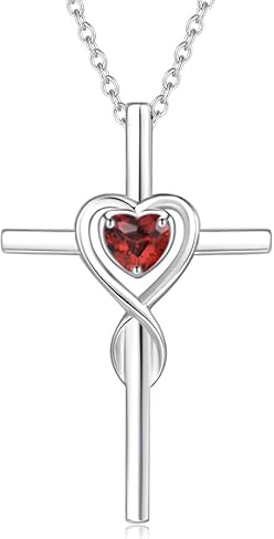 Damen Halskette mit Unendlichkeit Symbol Kreuz Anhänger Kette Infinity aus 925 Sterling Silber mit Synthetischer Granat Edelstein Herz Form Januar Geburtsstein - Verstellbar Kettenlänge: 40 + 5 cm
