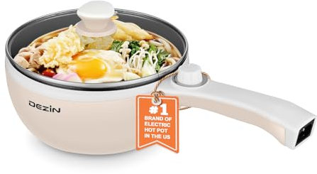 DEZIN Electric Cooker Upgraded, Non-Stick Sauté Pan, 1.5L Mini Electric Fondue Pot for Cheese, Stir Fry, Roast, Steam with Power Adjustment, Perfect for Ramen, Steak (Egg Rack Included)
