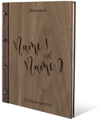 Stammbuch Okoume Holz Holzcover Gravur individuell mit Echtleder Rücken und Extras A5 hoch 175x220mm - Comic Schrift