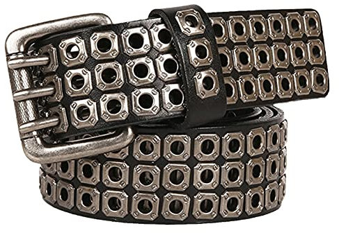 YDYBY Herren Damen 3 Reihen Nieten Echtleder Gürtel Punk Rock Style Nietengürtel für Oder Gothic-Outfits 105cm - 125cm Länge,Schwarz,105CM
