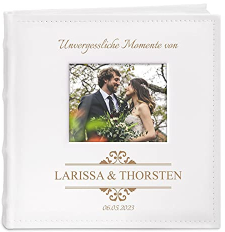 Maverton Einsteckalbum mit Aufdruck - 21x22cm - Fotoalbum für 200 Fotos 10x15cm - 100 Seiten - Weiß - Geschenk für Brautpaar - Hochzeitsgeschenk - Momente