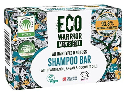 Eco Warrior Men’s Edit Shampoo Bar, 100g | Natural, Vegan, Cruelty Free, Eco Friendly | Cleansing and Moisturising Shampoos with Argan and Coconut Essential Oils | No SLS or Parabens | Mens Gift