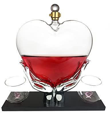 Ensemble carafe à whisky 600ml carafe à liqueur avec 2 verres, plateau de base, carafe à cœur pour vin, scotch, vodka bourbon, cadeau de mariage, garde l'amour.