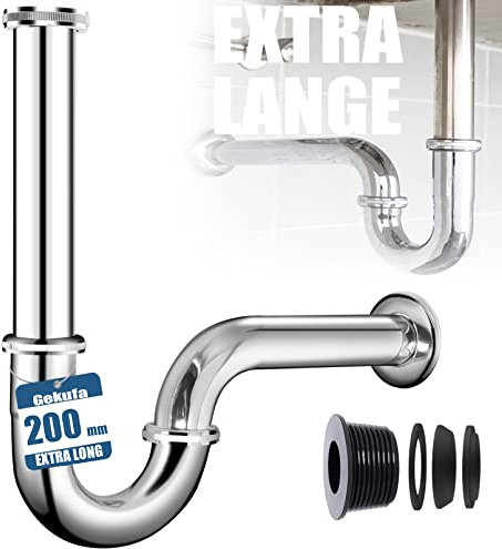 Universale Sifone Lavabo Bagno【Extra lungo 200 mm】per lavabo e lavandino tubo di scarico standard G1 1/4 in acciaio inox inossidabile Sifon bagno con manicotto in gomma