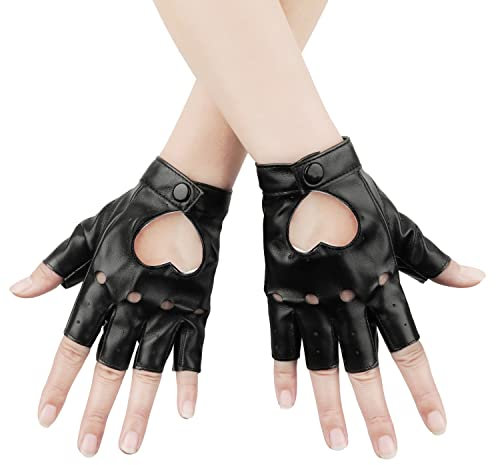 KINBOM Halloween Fingerlose Kunstlederhandschuhe, Atmungsaktiv Fingerlose Lederhandschuhe Damen Accessoires Kurz Lederhandschuhe für Halloween-Abend-Party-Tanz (Schwarz)
